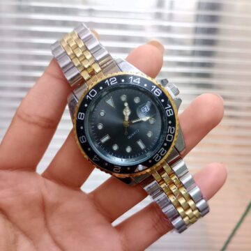 Reloj Análogo Bisel Negro Acero Inoxidable Dorado