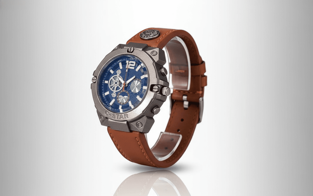 Reloj Deportivo Cronógrafo Azul Correa Cuero Marrón