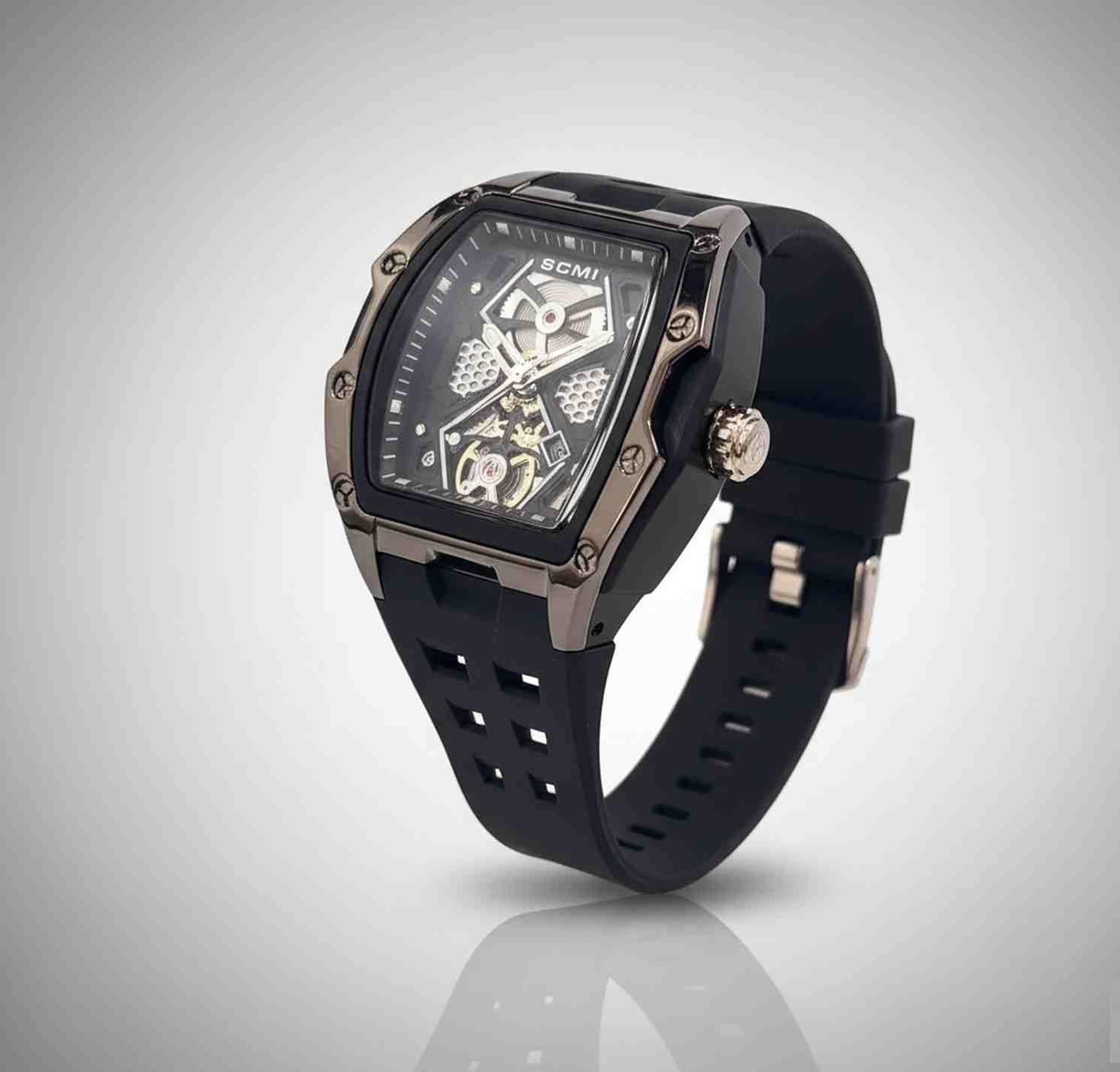 Reloj deportivo cuadrado esqueleto negro con correa de silicona