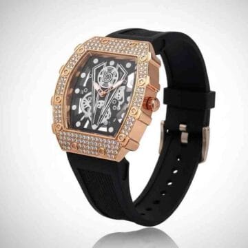Reloj de cuarzo rose gold con cristales y correa negra