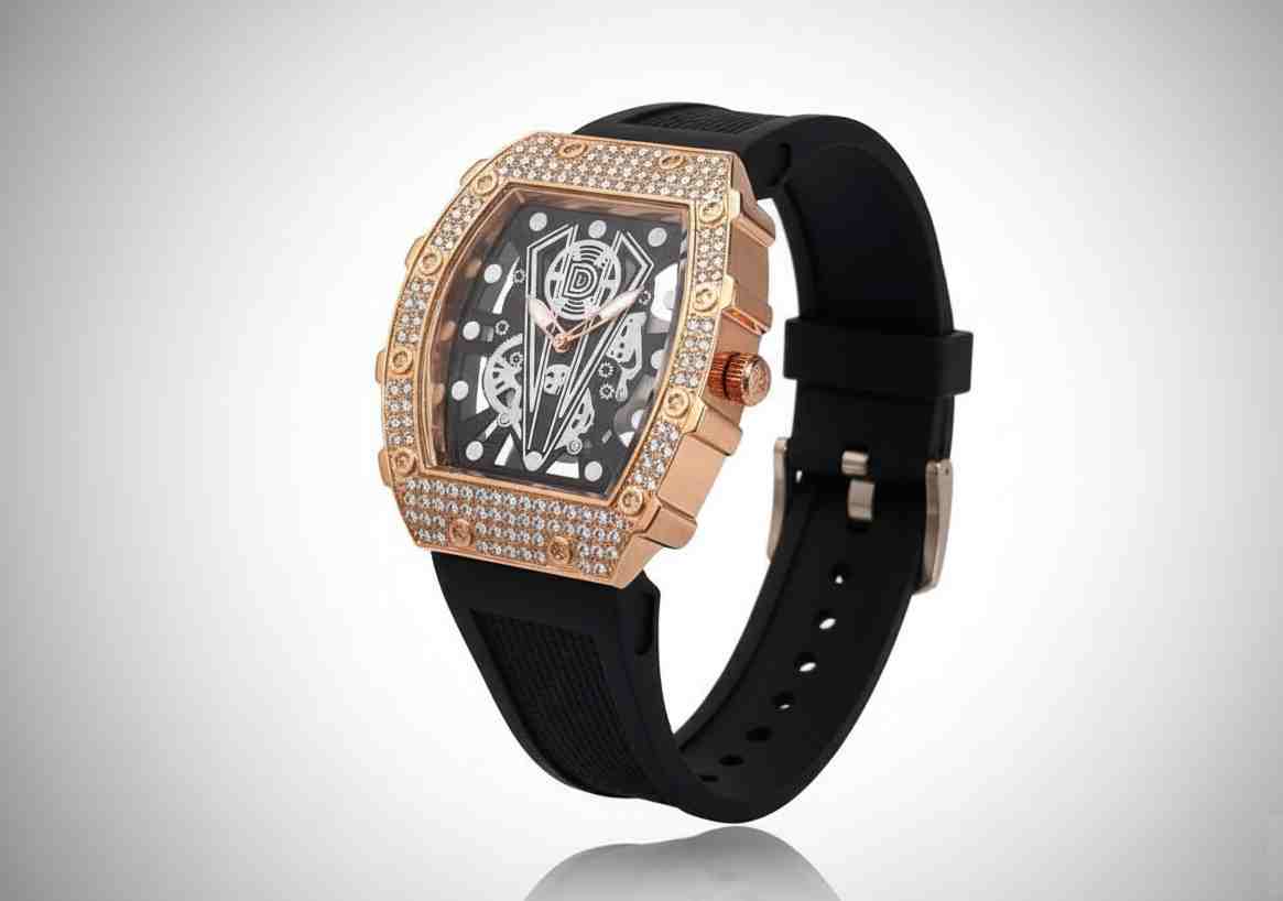 Reloj de cuarzo rose gold con cristales y correa negra