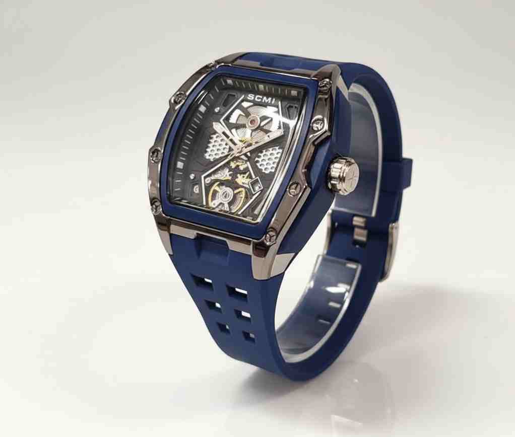 Reloj deportivo cuadrado azul con malla de goma