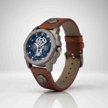Reloj deportivo acero inoxidable esfera azul correa cuero marrón