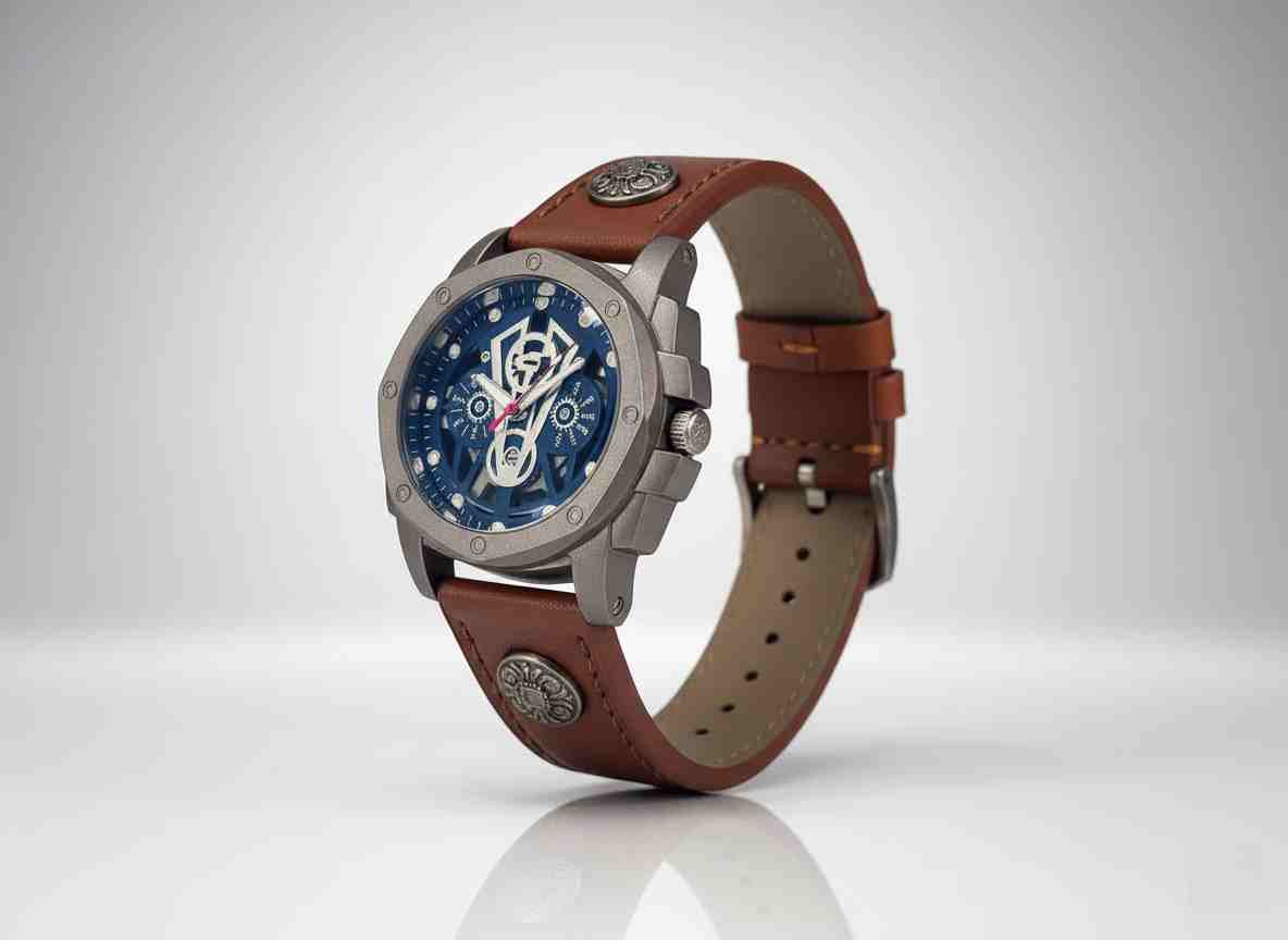 Reloj deportivo acero inoxidable esfera azul correa cuero marrón