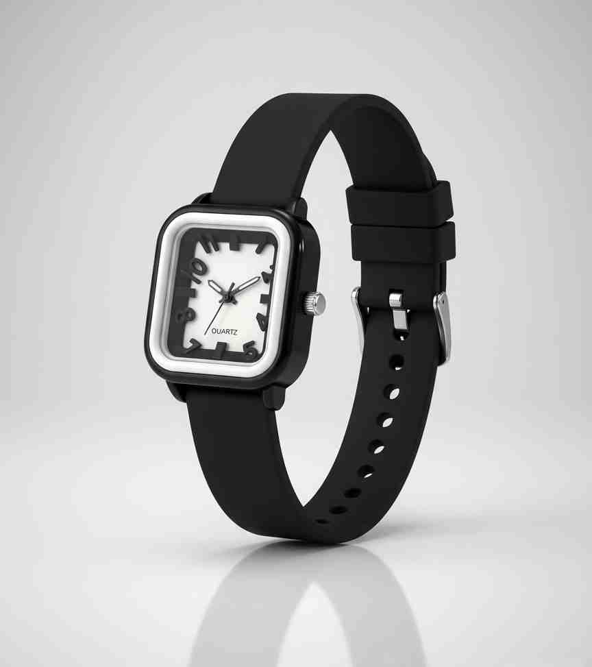 Reloj cuadrado analógico correa silicona negra
