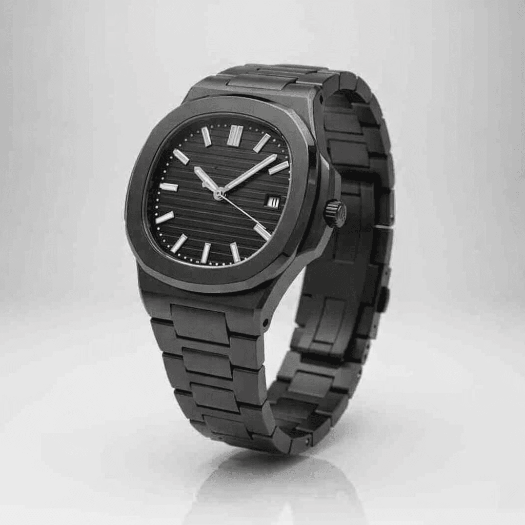 Reloj deportivo negro acero inoxidable dial rayado
