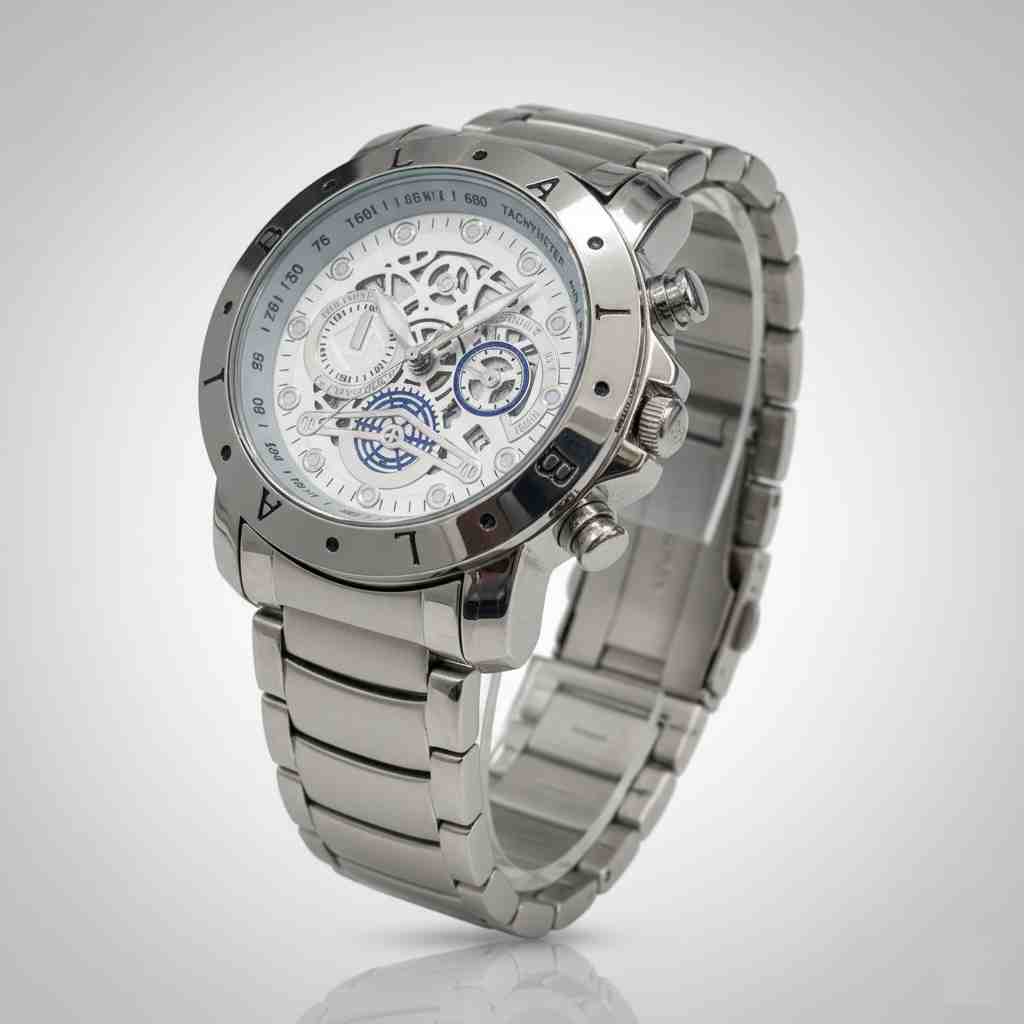 Reloj cronógrafo plateado acero inoxidable esqueletado por mayor
