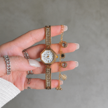 Reloj con Pulsera Brillo Dorado para muje