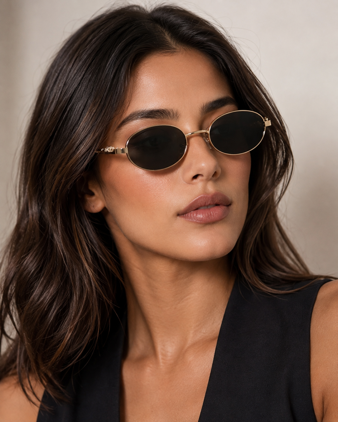 Mujer usando anteojos de sol dorados con lentes negros