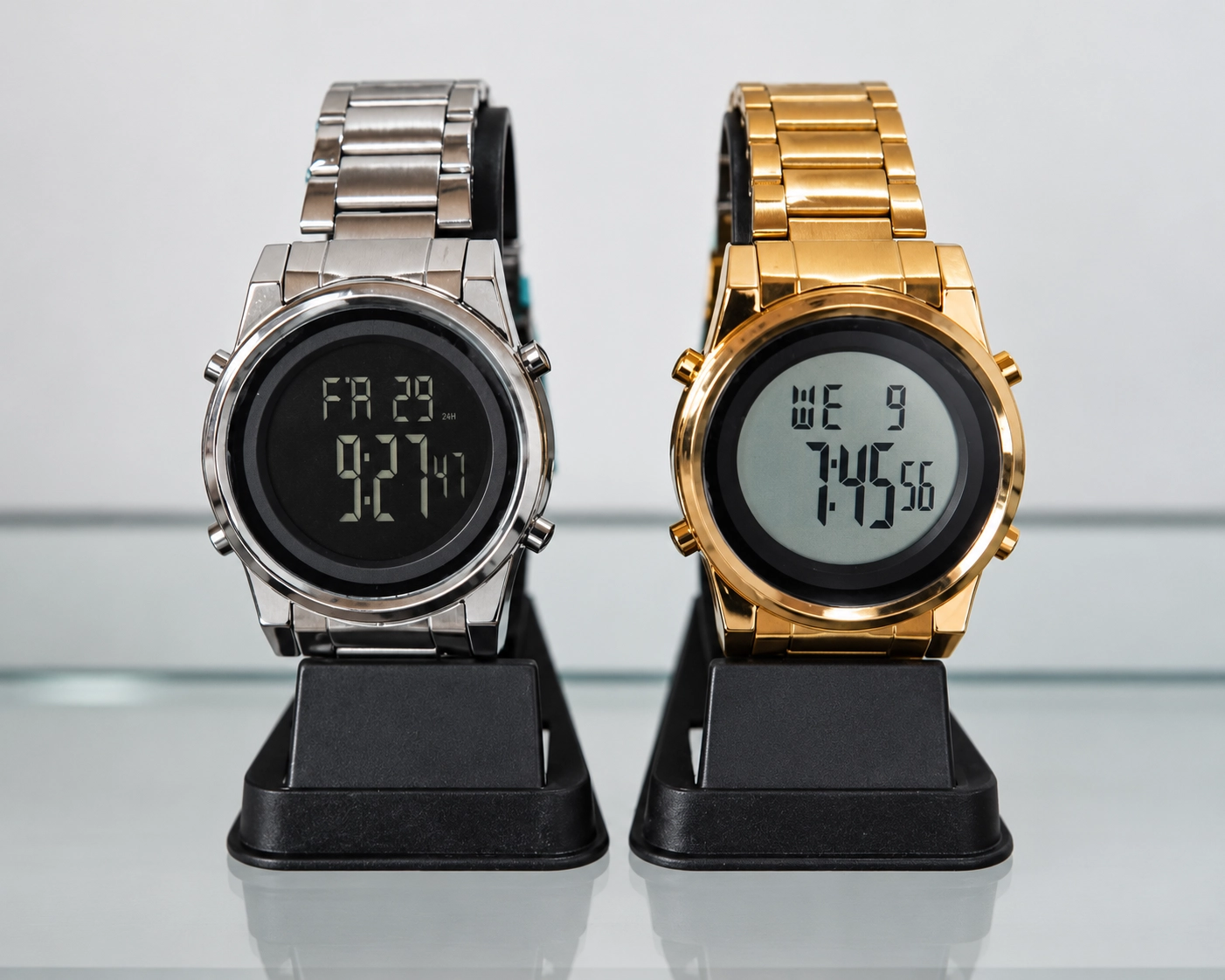 Reloj digital redondo con malla metálica en variantes dorada y plateada