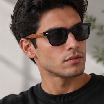 Hombre usando anteojos de sol con marco negro cuadrado, lentes oscuros y patillas veteadas en tono madera.