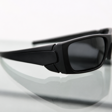 Anteojos deportivos UV400 negros con lentes espejados ámbar vista lateral