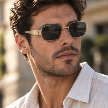 Anteojos de Sol Rectangular retro con lentes oscuros y estructura dorada